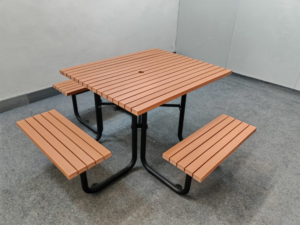 commercial outdoor recycled plastic picnic table SPP-103 with matte black powder coating and P1 natural wood plastic lumber color ADA : wheelchair accessible