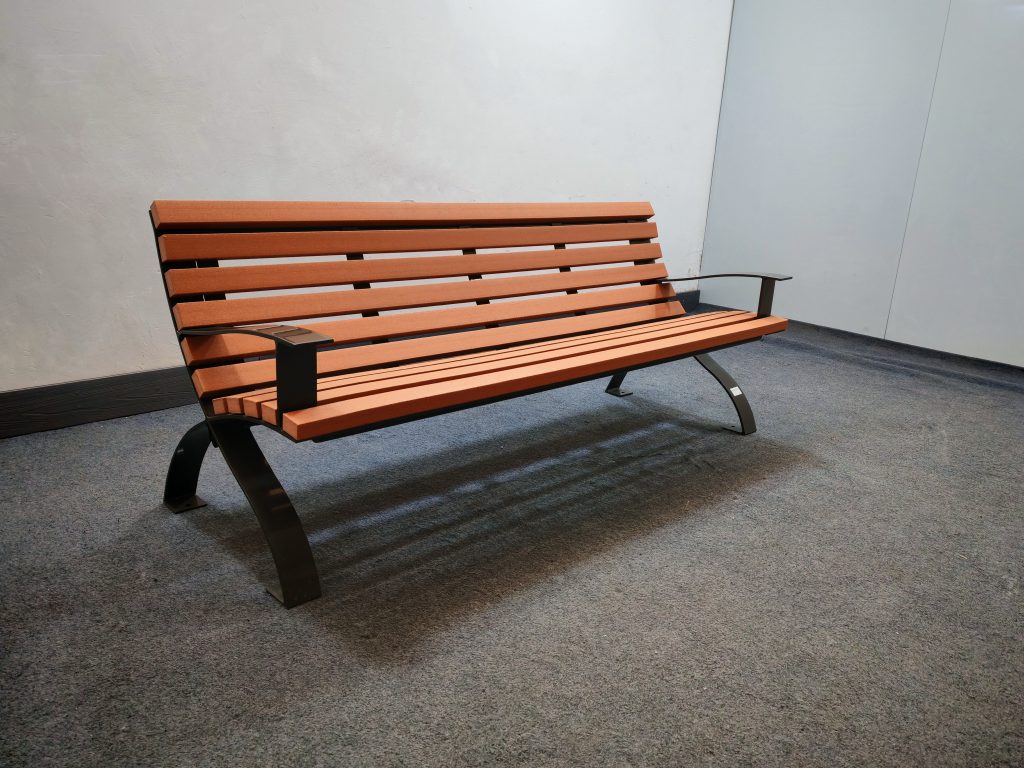 commercial recycled plastic park bench SPB-107 powder coated in RAL7022 glossy dark grey and P1 lumber