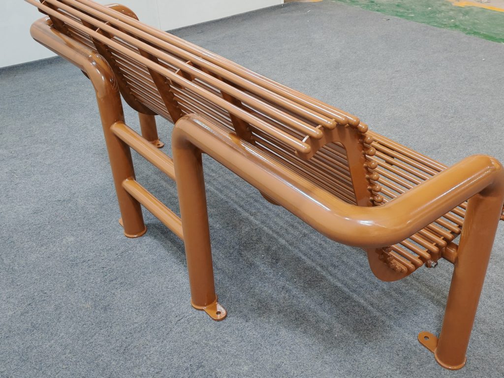 commercial steel weather proof park bench SPB-308 powder coating color RAL8003 glossy clay brown, back side view