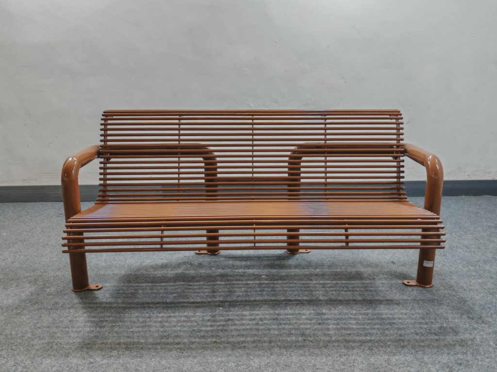 commercial steel weather proof park bench SPB-308 powder coating color RAL8003 glossy clay brown, front view