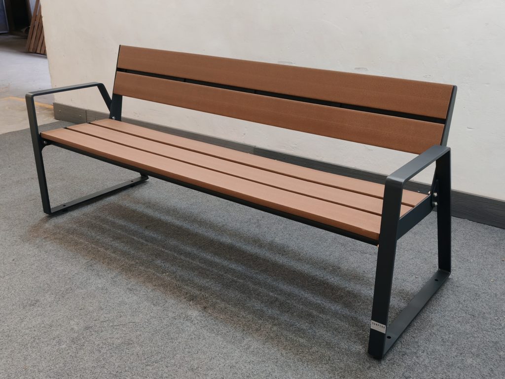 Commercial Outdoor weatherproof Recycled Plastic Park Bench SPB-111 powder coated in RAL7016 matte anthracite grey and P5 recycled plastic lumber