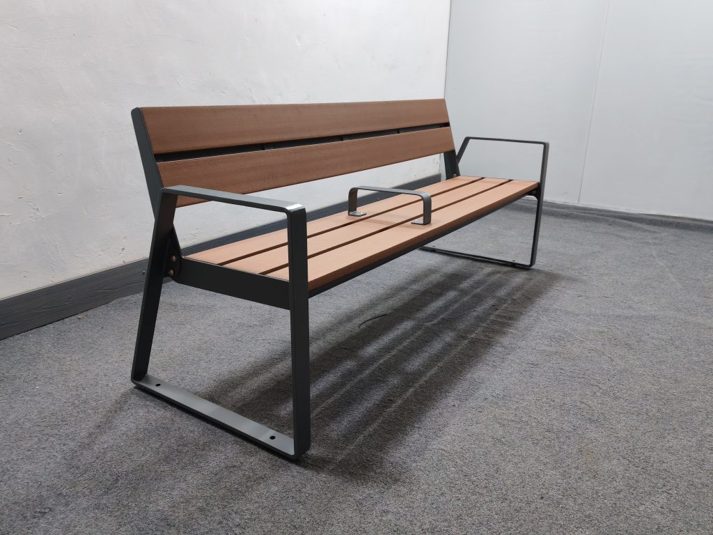 Commercial Outdoor weatherproof Recycled Plastic Park Bench SPB-111 powder coated in RAL7016 matte anthracite grey and P5 recycled plastic lumber with central armrest