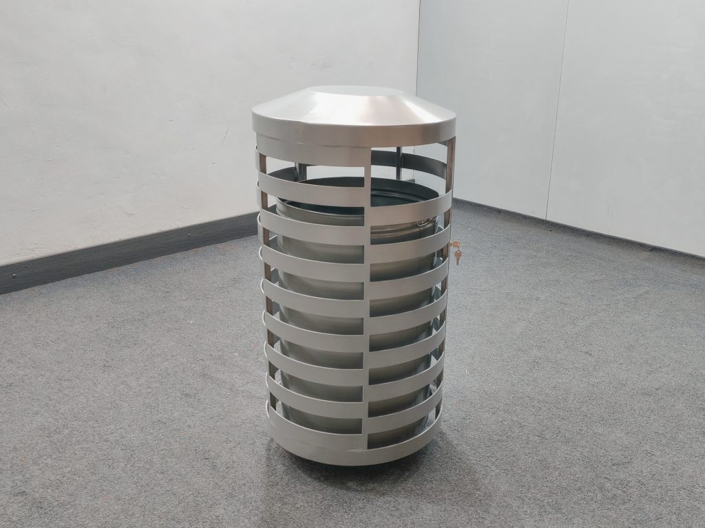 commercial outdoor trash receptacle SPT-C15 with RAL9023 glossy metallic silver powder coating