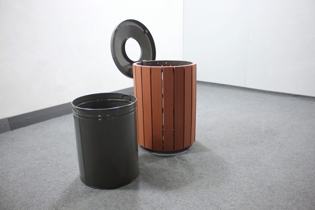 Commercial Recycled Plastic Trash Receptacle SPT-206 Glossy RAL7022 Powder Coating and P2 Recycled Plastic Lumber Color From Sunperk Site Furnishings