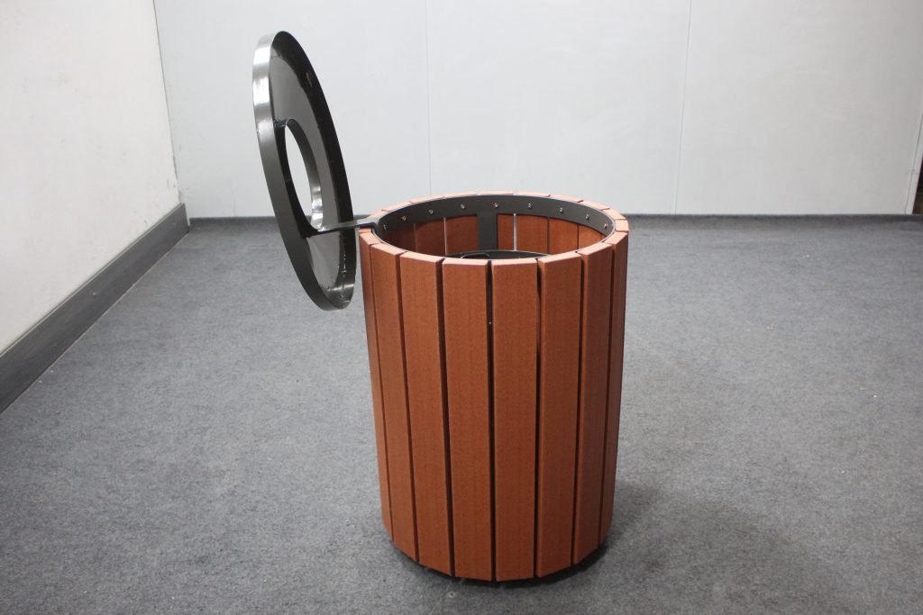 Commercial Recycled Plastic Trash Receptacle SPT-206 Glossy RAL7022 Powder Coating and P2 Recycled Plastic Lumber Color From Sunperk Site Furnishings