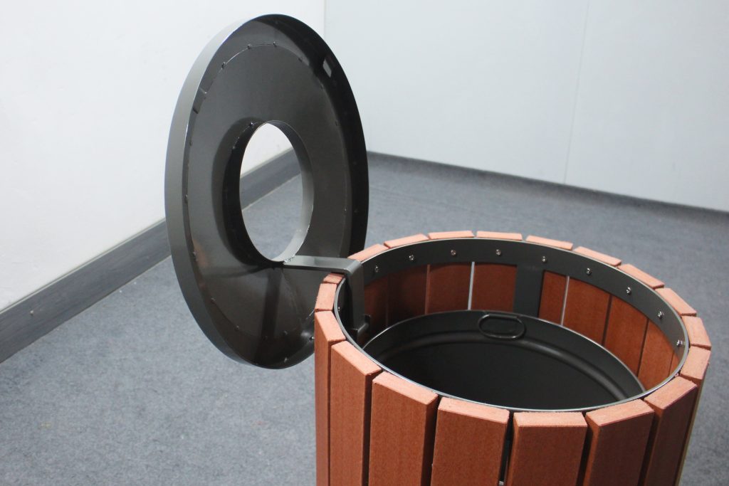 Commercial Recycled Plastic Trash Receptacle SPT-206 Glossy RAL7022 Powder Coating and P2 Recycled Plastic Lumber Color From Sunperk Site Furnishings