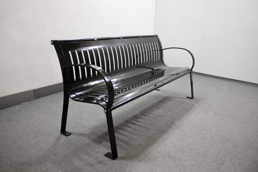 commercial outdoor steel park bench SPB-074 powder coated in glossy black