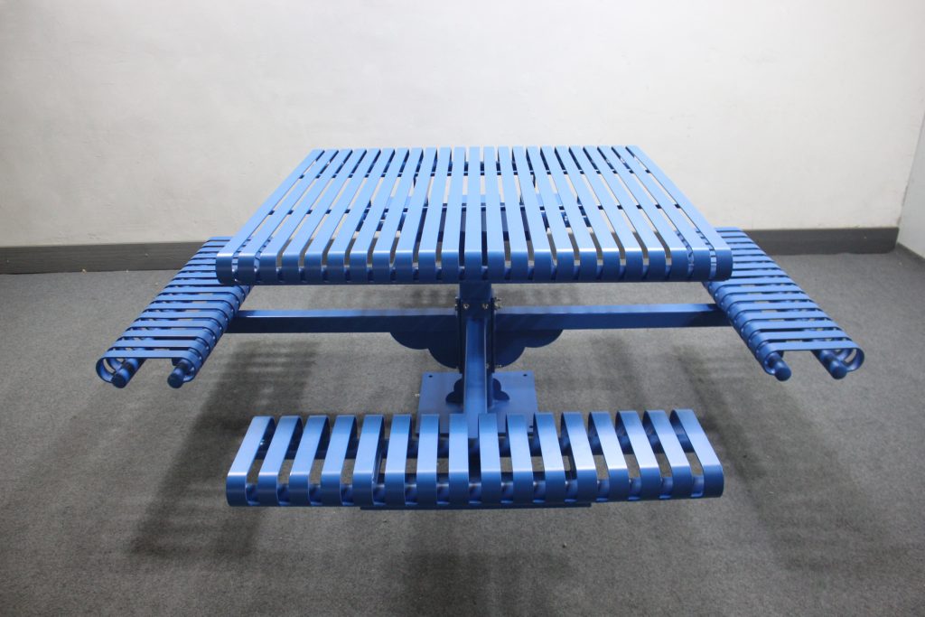 commercial outdoor steel picnic table SPP-104B powder coated in RAL5017 matte traffic blue by sunperk site furnishings