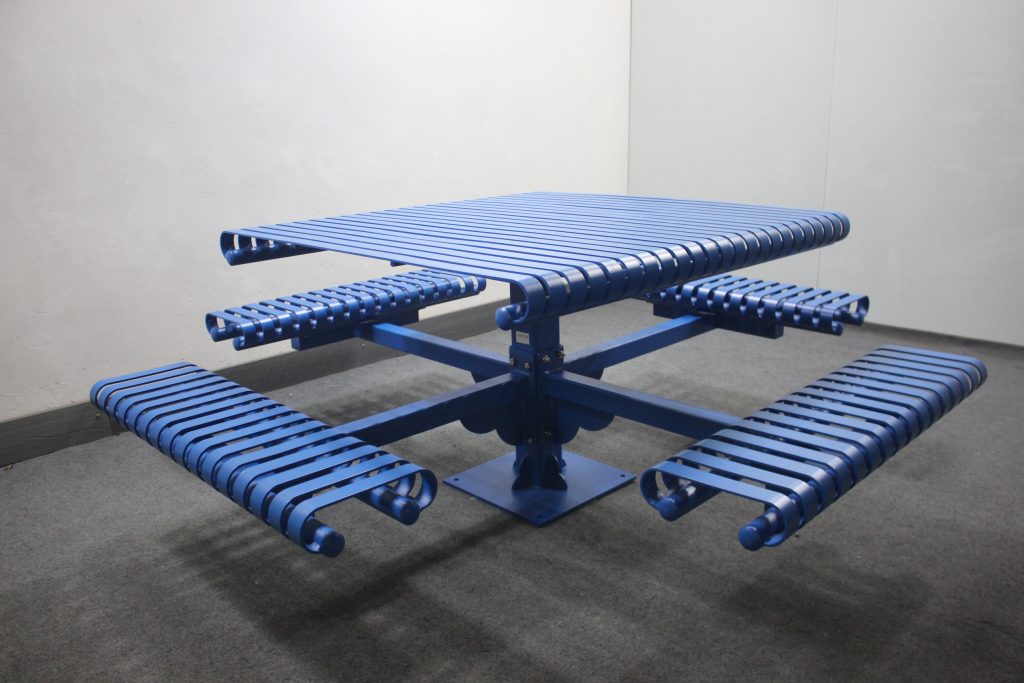commercial outdoor steel picnic table SPP-104B powder coated in RAL5017 matte traffic blue by sunperk site furnishings