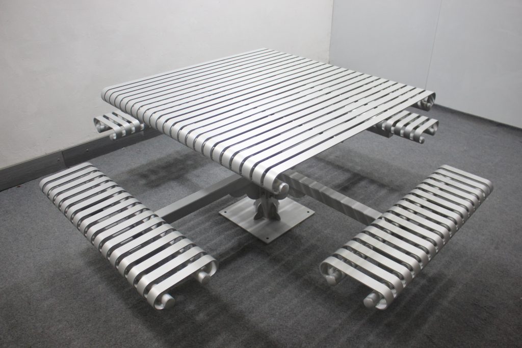 commercial outdoor steel picnic table SPP-104B powder coated in RAL9006 matte white aluminium by sunperk site furnishings