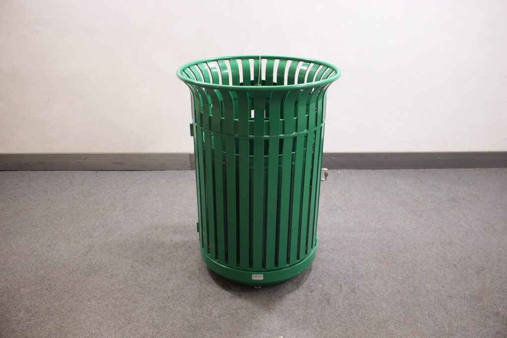 commercial outdoor steel trash receptacle powder coated in RAL6016 glossy turquoise green by sunperk site furnishings