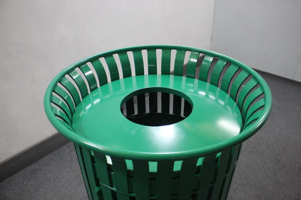 commercial outdoor steel trash receptacle powder coated in RAL6016 glossy turquoise green by sunperk site furnishings