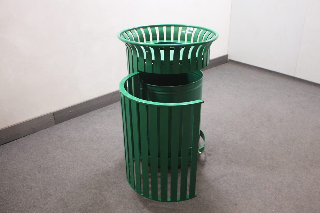 commercial outdoor steel trash receptacle powder coated in RAL6016 glossy turquoise green by sunperk site furnishings